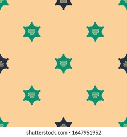 Green and black Hexagram sheriff icon isolated seamless pattern on beige background. Police badge icon.  Vector Illustration
