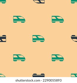 Icono del tren de alta velocidad verde y negro aislado sin fisuras en el fondo beige. Viajes ferroviarios y turismo ferroviario. Transporte en metro o en tren rápido.  Vector