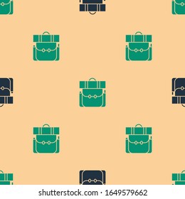 Green and black Hiking backpack icon isolated seamless pattern on beige background. Camping and mountain exploring backpack.  Vector Illustration