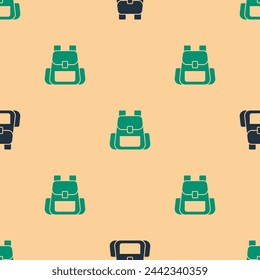 Green and black Hiking backpack icon isolated seamless pattern on beige background. Camping and mountain exploring backpack.  Vector