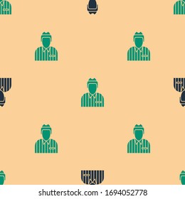 Green and black Hockey judge, referee, arbiter icon isolated seamless pattern on beige background.  Vector Illustration