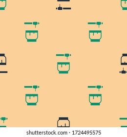 Green and black Honey dipper stick and bowl icon isolated seamless pattern on beige background. Honey ladle.  Vector Illustration