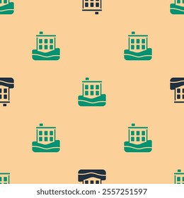 Green and black House flood icon isolated seamless pattern on beige background. Home flooding under water. Insurance concept. Security, safety, protection, protect concept.  Vector