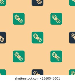 Green and black Human footprints shoes icon isolated seamless pattern on beige background. Shoes sole.  Vector