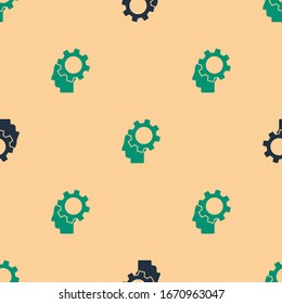 Green and black Human head with gear inside icon isolated seamless pattern on beige background. Artificial intelligence. Thinking brain. Symbol work of brain.  Vector Illustration