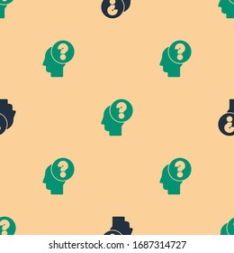 Green and black Human head with question mark icon isolated seamless pattern on beige background.  Vector Illustration