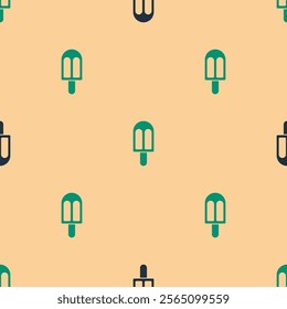 Green and black Ice cream icon isolated seamless pattern on beige background. Sweet symbol.  Vector Illustration