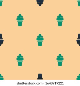 Green and black Ice cream in waffle cone icon isolated seamless pattern on beige background. Sweet symbol.  Vector Illustration