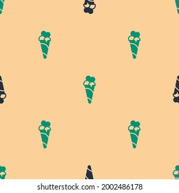 Green and black Ice cream in waffle cone icon isolated seamless pattern on beige background. Sweet symbol.  Vector