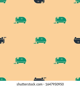 Green and black Ice resurfacer icon isolated seamless pattern on beige background. Ice resurfacing machine on rink. Cleaner for ice rink and stadium.  Vector Illustration