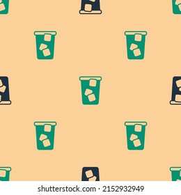 Green and black Ice tea icon isolated seamless pattern on beige background. Iced tea.  Vector