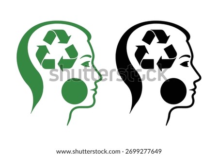 Green and black icon of a human head profile with a recycling symbol inside, vector art illustration design template isolated on a white background. 