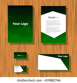 Green Black identity polygon template set on wood background 