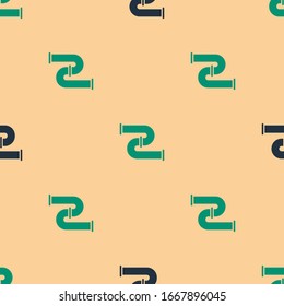 Green and black Industry metallic pipe icon isolated seamless pattern on beige background. Plumbing pipeline parts of different shapes.  Vector Illustration