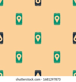 Green and black Infographic of city map navigation icon isolated seamless pattern on beige background. Mobile App Interface concept design. Geolacation concept.  Vector Illustration