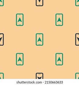 Green and black Infographic of city map navigation icon isolated seamless pattern on beige background. Mobile App Interface concept design. Geolacation concept.  Vector