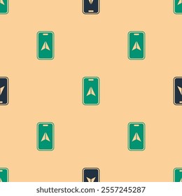 Green and black Infographic of city map navigation icon isolated seamless pattern on beige background. Mobile App Interface concept design. Geolacation concept.  Vector