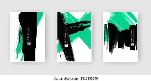 Green black ink brush stroke on white background. Japanese style. Vector illustration of grunge abstract stains