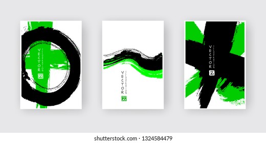 Green black ink brush stroke on white background. Japanese style. Vector illustration of grunge abstract stains