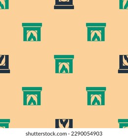 Green and black Interior fireplace icon isolated seamless pattern on beige background.  Vector