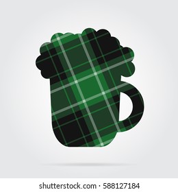 green, black isolated tartan icon with white stripes - beer with foam and shadow in front of a gray background