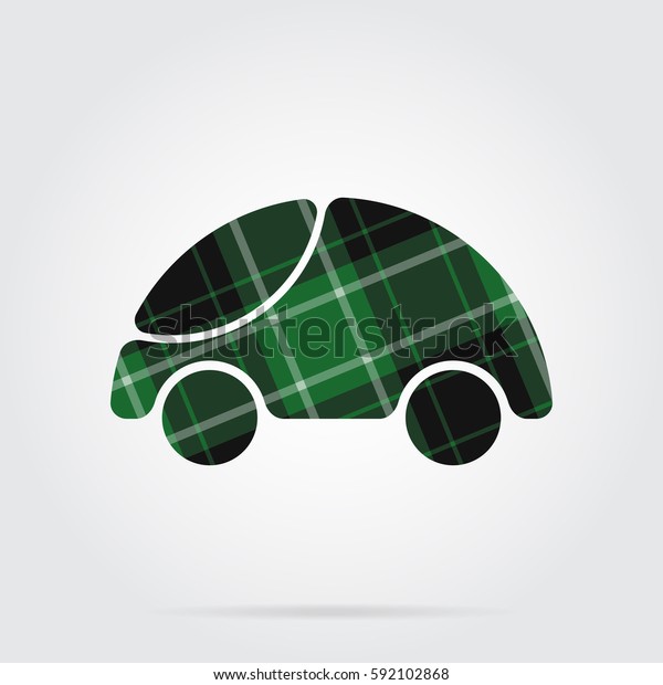 green, black\
isolated tartan icon with white stripes - cute rounded car and\
shadow in front of a gray\
background