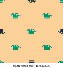Green and black Joker playing card icon isolated seamless pattern on beige background. Jester hat with bells. Casino gambling.  Vector Illustration