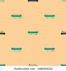 Green and black Kayak and paddle icon isolated seamless pattern on beige background. Kayak and canoe for fishing and tourism. Outdoor activities.  Vector Illustration
