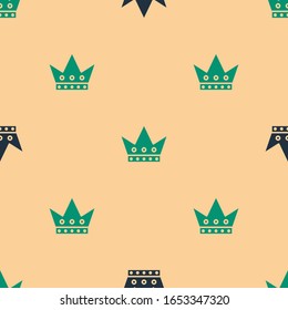 Green And Black King Playing Card Icon Isolated Seamless Pattern On Beige Background. Casino Gambling.  Vector Illustration