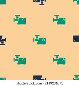 Green and black Kitchen meat grinder icon isolated seamless pattern on beige background.  Vector