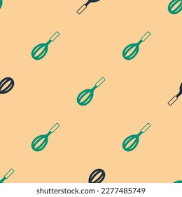 Green and black Kitchen whisk icon isolated seamless pattern on beige background. Cooking utensil, egg beater. Cutlery sign. Food mix symbol.  Vector