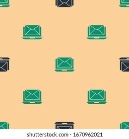 Green and black Laptop with envelope and open email on screen icon isolated seamless pattern on beige background. Email marketing, internet advertising concepts.  Vector Illustration
