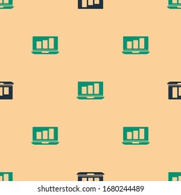 Portátil verde y negro con icono de gráfico gráfico aislado sin fisuras en el fondo beige. Icono de archivo de texto de informe. Signo contable. Auditoría, análisis, planificación. Ilustración vectorial