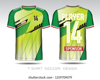 Green and black layout football sport t-shirt design. Template front, back view. Soccer kit national team shirt mock up. Vector Illustration.
