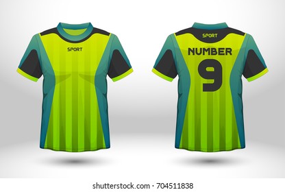 Green and black layout football sport t-shirt design. Template front, back view. Soccer kit national team shirt mock up. Vector Illustration.