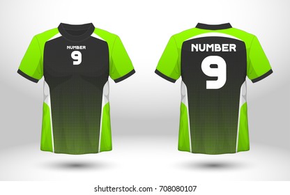 Green and black layout football sport t-shirt design. Template front, back view. Soccer kit national team shirt mock up. Vector Illustration.