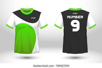 Green and black layout football sport t-shirt design. Template front, back view. Soccer kit national team shirt mock up. Vector Illustration.