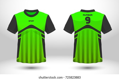 Green and black layout football sport t-shirt design. Template front, back view. Soccer kit national team shirt mock up. Vector Illustration.