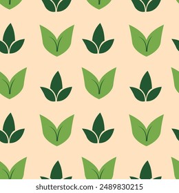 Icono de hoja verde y negro aislado patrón sin fisuras sobre fondo beige. Deja una señal. Símbolo de producto natural fresco. Ilustración vectorial