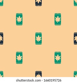 Green and black Leaf on mobile phone screen icon isolated seamless pattern on beige background.  Vector Illustration