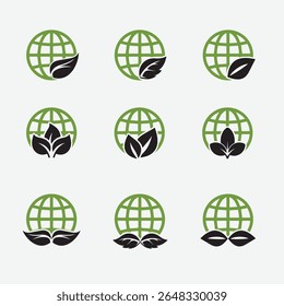 Green and black leaves world icons set isolated on white background illustration. Vegan, tree, plant, fresh, energy and healthy nutrition concept.