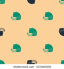Green and black Lemon icon isolated seamless pattern on beige background.  Vector