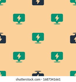 Green and black Lightning bolt icon isolated seamless pattern on beige background. Flash icon. Charge flash icon. Thunder bolt. Lighting strike.  Vector Illustration