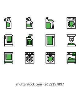 Linha verde e preta ícones de limpeza de roupa suprimentos máquinas de lavar secadores e toalhas frescas