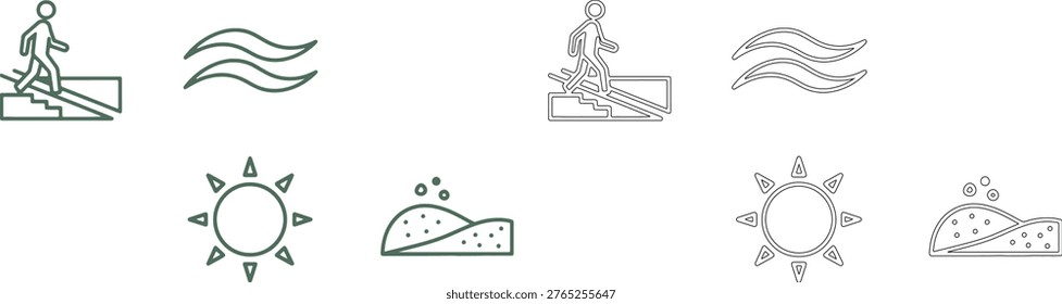 Green and black line person walking down stairs waves sun sand dunes