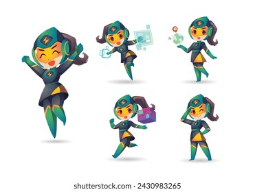 Green Black little Super Hero Girl with helmet Mascot Character Set2