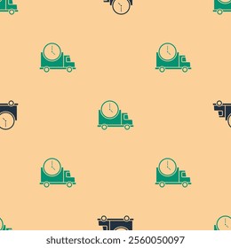 Green and black Logistics delivery truck and clock icon isolated seamless pattern on beige background. Delivery time icon.  Vector Illustration