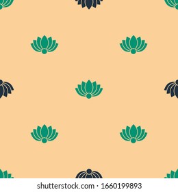 Green and black Lotus flower icon isolated seamless pattern on beige background.  Vector Illustration