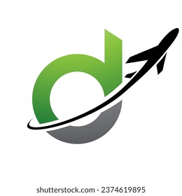 Icono de la letra minúscula D verde y negra con un avión de fondo blanco
