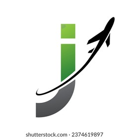 Green and Black Lowercase Letter J Icon with an Airplane on a White Background